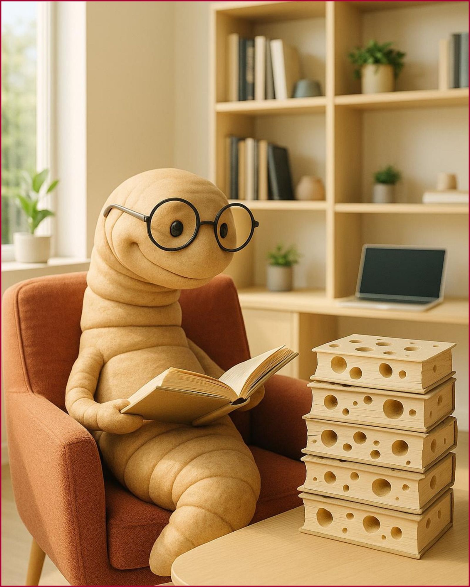 Ein professioneller Bücherwurm sitzt vor einem Stapel Bücher. Die Bücher haben Wurmlöcher. KI-generiert.